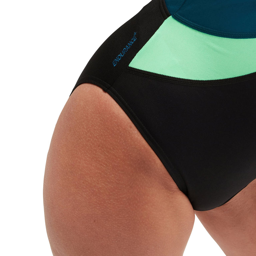 Speedo Womens Colourblock Highneck Crossback Black / Dark Teal / Harlequin Green