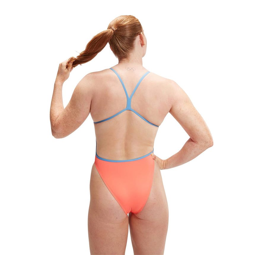 Speedo Womens Solid Vback Disco Peach/Curious Blue