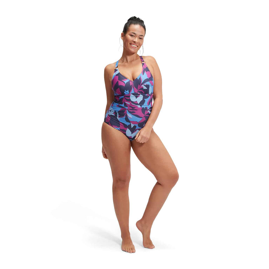 Speedo Womens Shaping Printed V Neck 1 Piece Pure Blue/Wineberry/Curious Blue
