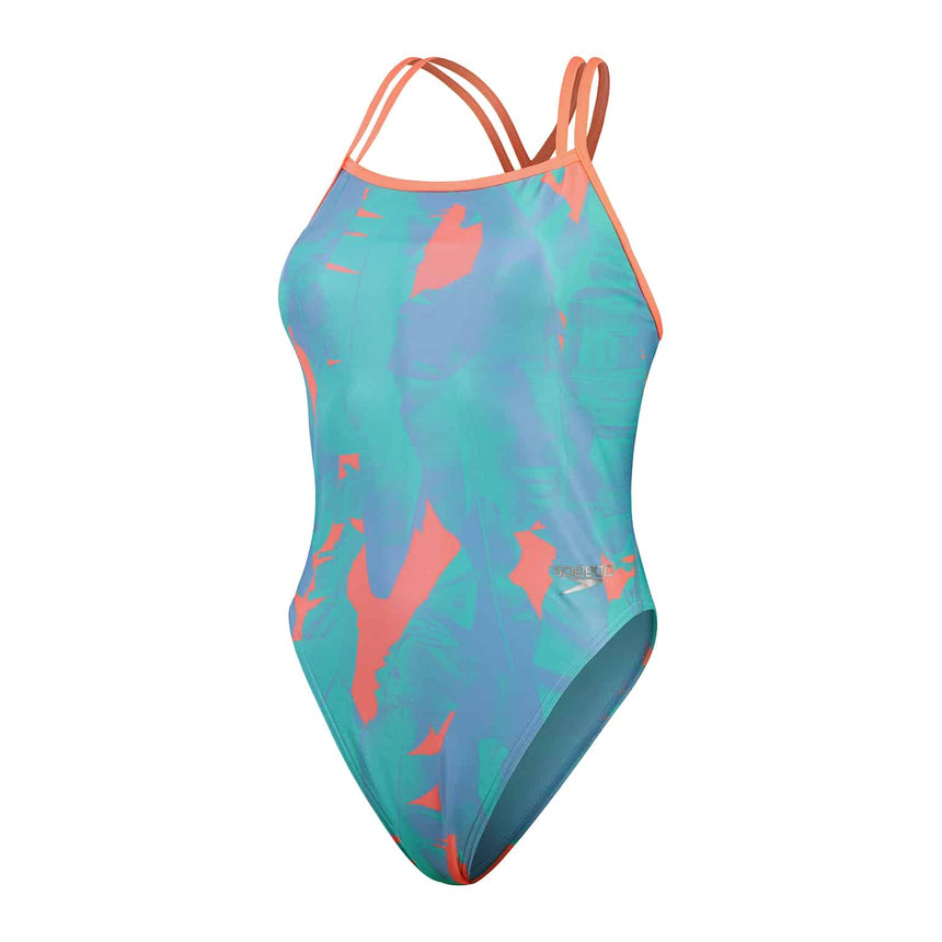 Speedo Womens Allover Digital Starback Arctic Glass, Curious Blue, Disco Peach