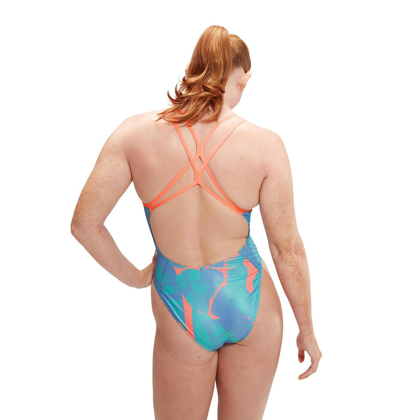 Speedo Womens Allover Digital Starback Arctic Glass, Curious Blue, Disco Peach
