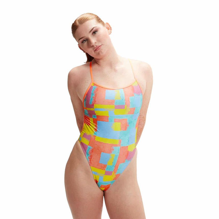 Speedo Womens Allover Digital Vback Disco Peach, Curious Coral, Bitter Lime, Curious Blue, Arctic Glass