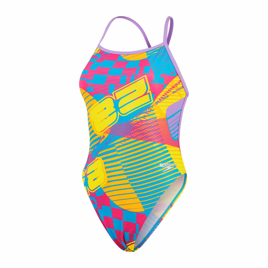 Speedo Womens Swimsuit Allover Digital Vback Flare Pink/Bitter Lime/Sweet Purple/Bolt/Mandarin Peel