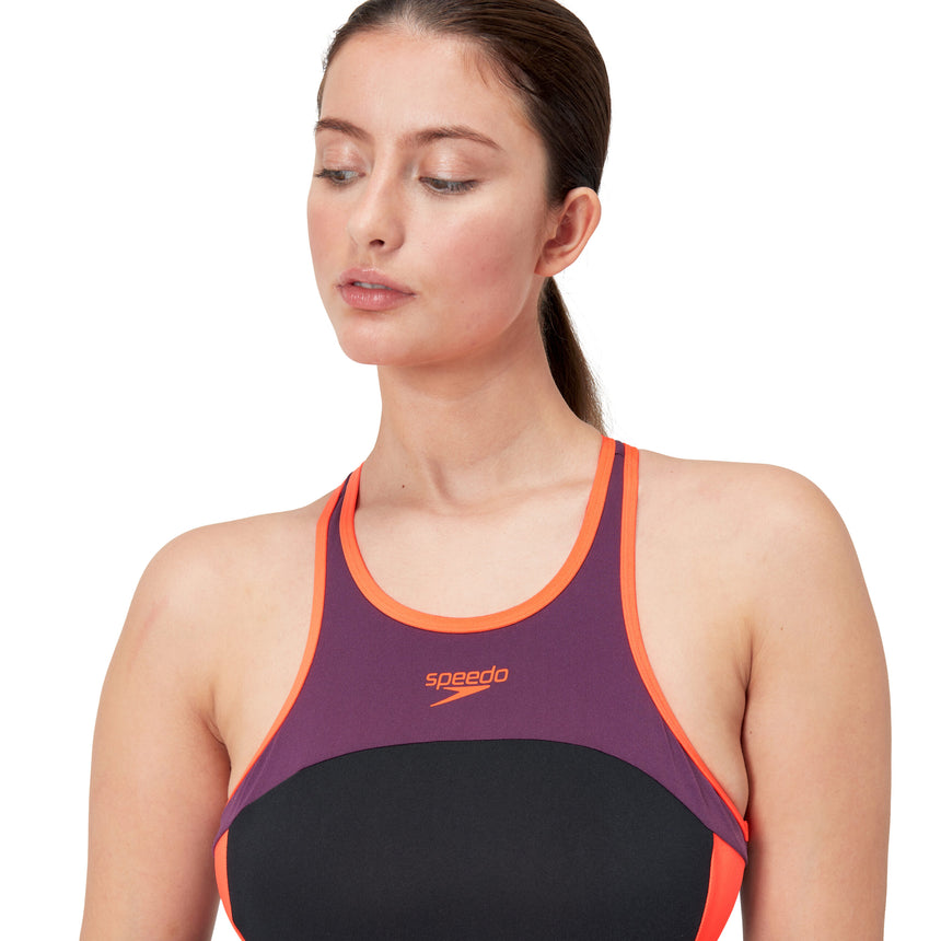 Speedo Badeanzug High Neck Splice Cross Back Schwarz/Rot/Blau