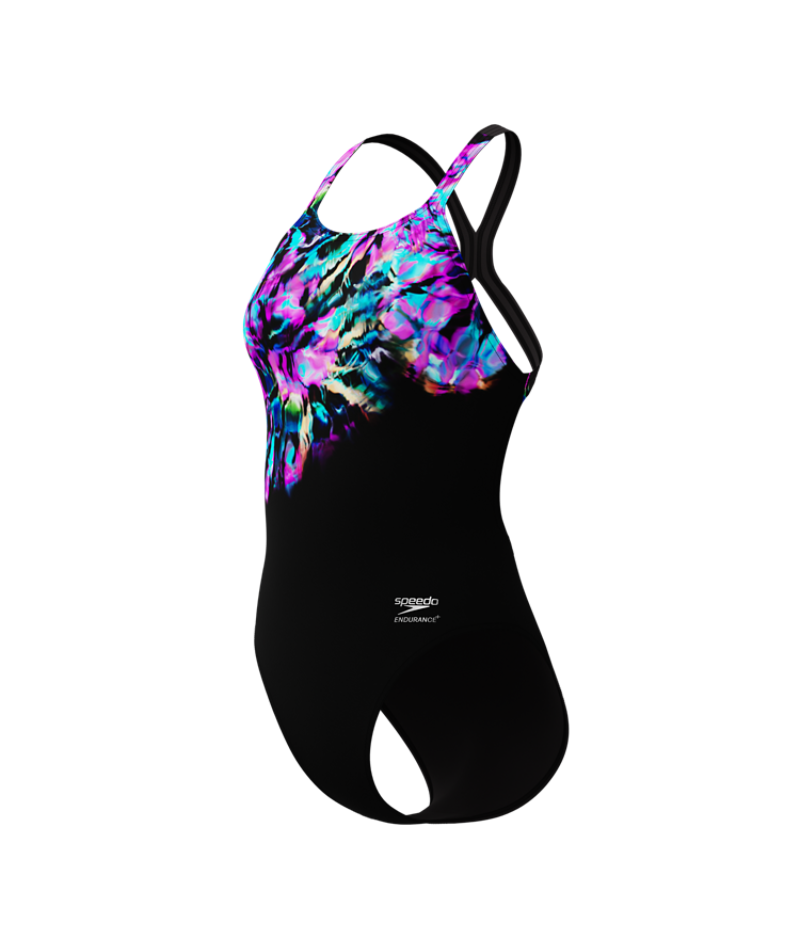 Speedo Dames Badpak Placement Printed Powerback Zwart/Blauw
