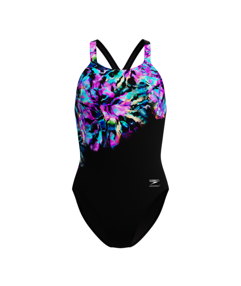 Speedo Dames Badpak Placement Printed Powerback Zwart/Blauw