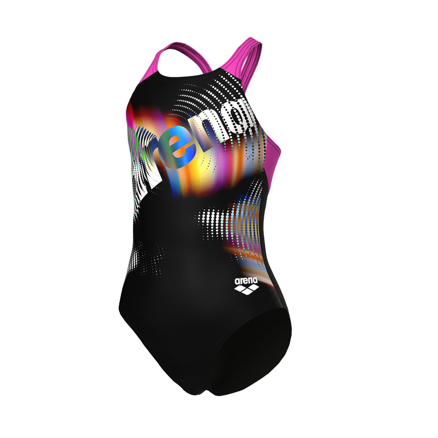 Arena Meisjes Badpak Lit Logo V Back L Zwart Shocking Pink
