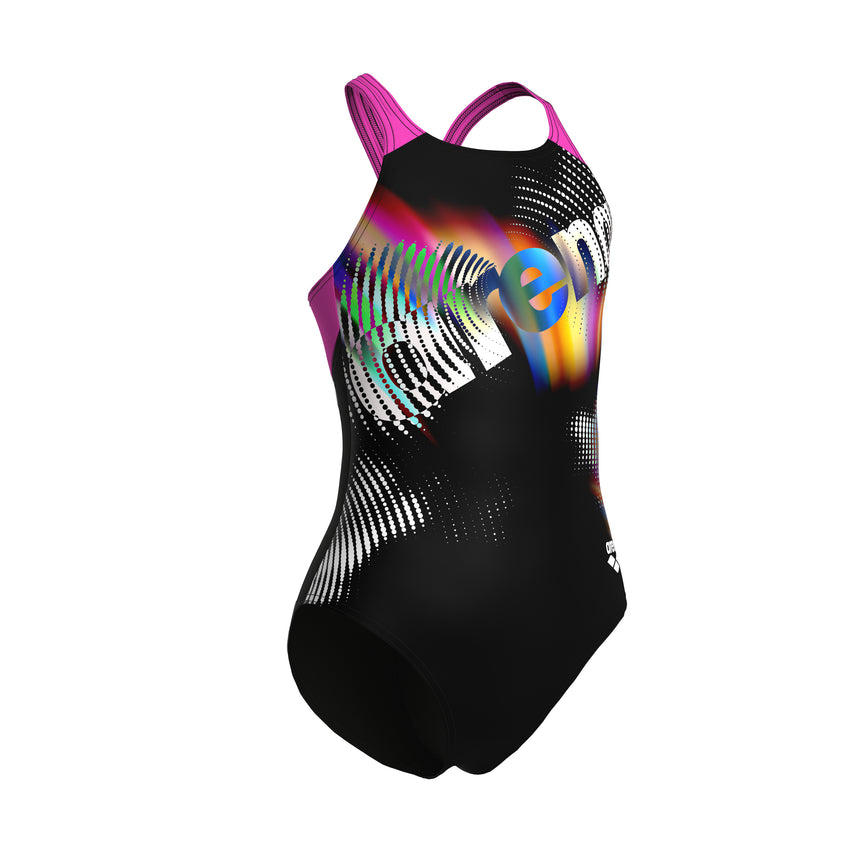 Arena Meisjes Badpak Lit Logo V Back L Zwart Shocking Pink