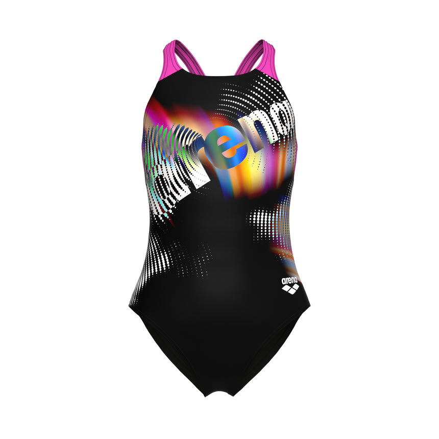 Arena Meisjes Badpak Lit Logo V Back L Zwart Shocking Pink