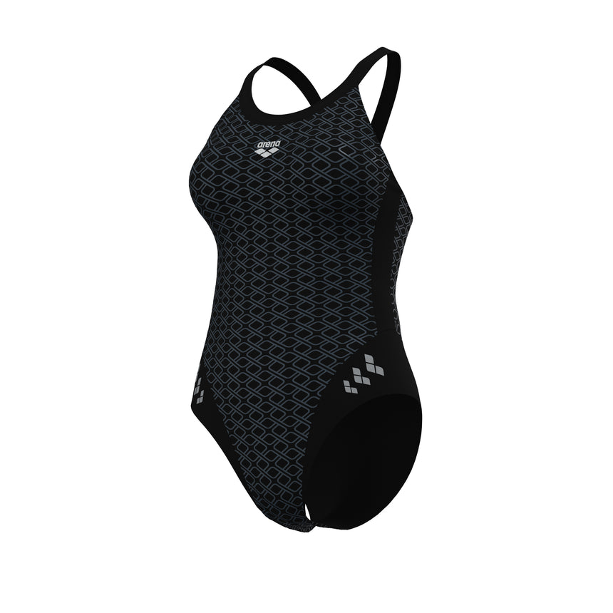 Arena Women's Monoglow Racer Back Swimsuit black grey angled product view