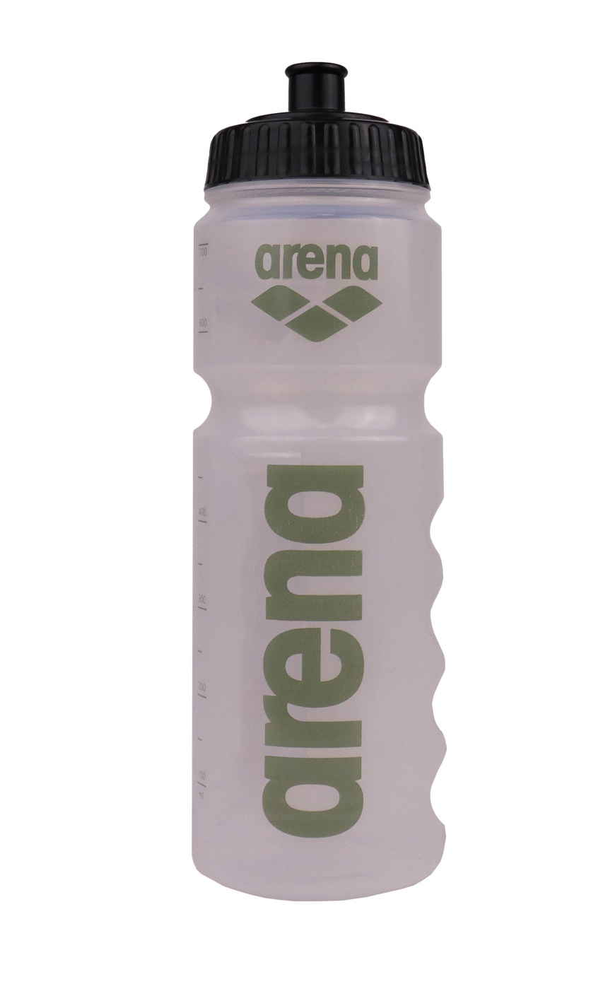 Arena 750 ml water bottle, clear with sage logo and black cap, front view