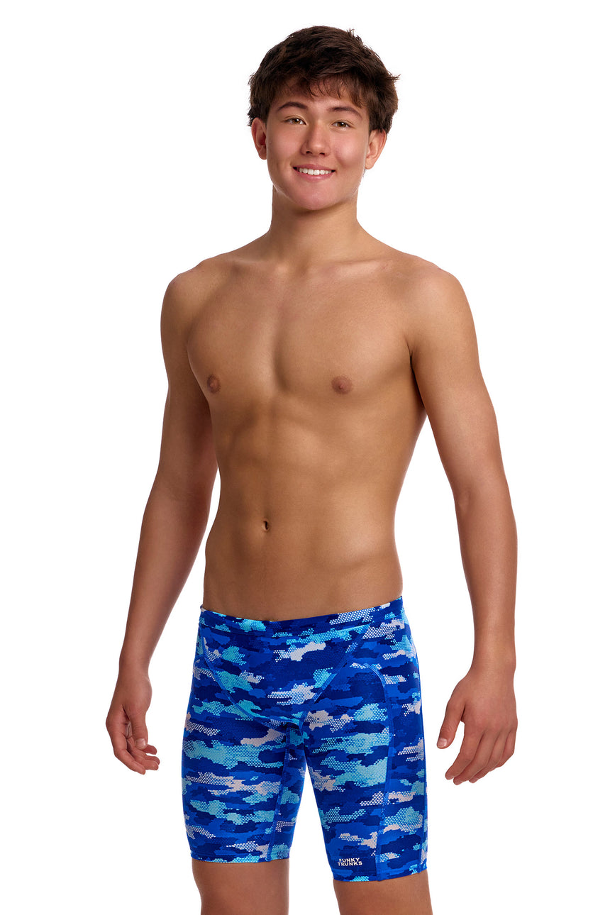 Funky Trunks Boys' Training Swim Jammer Clean Marine front view on model