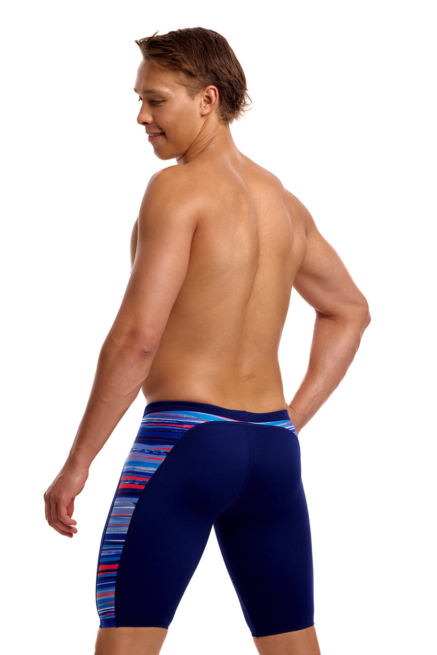 Funky Trunks Men's Training Swim Jammer Lost Lines angled view on model