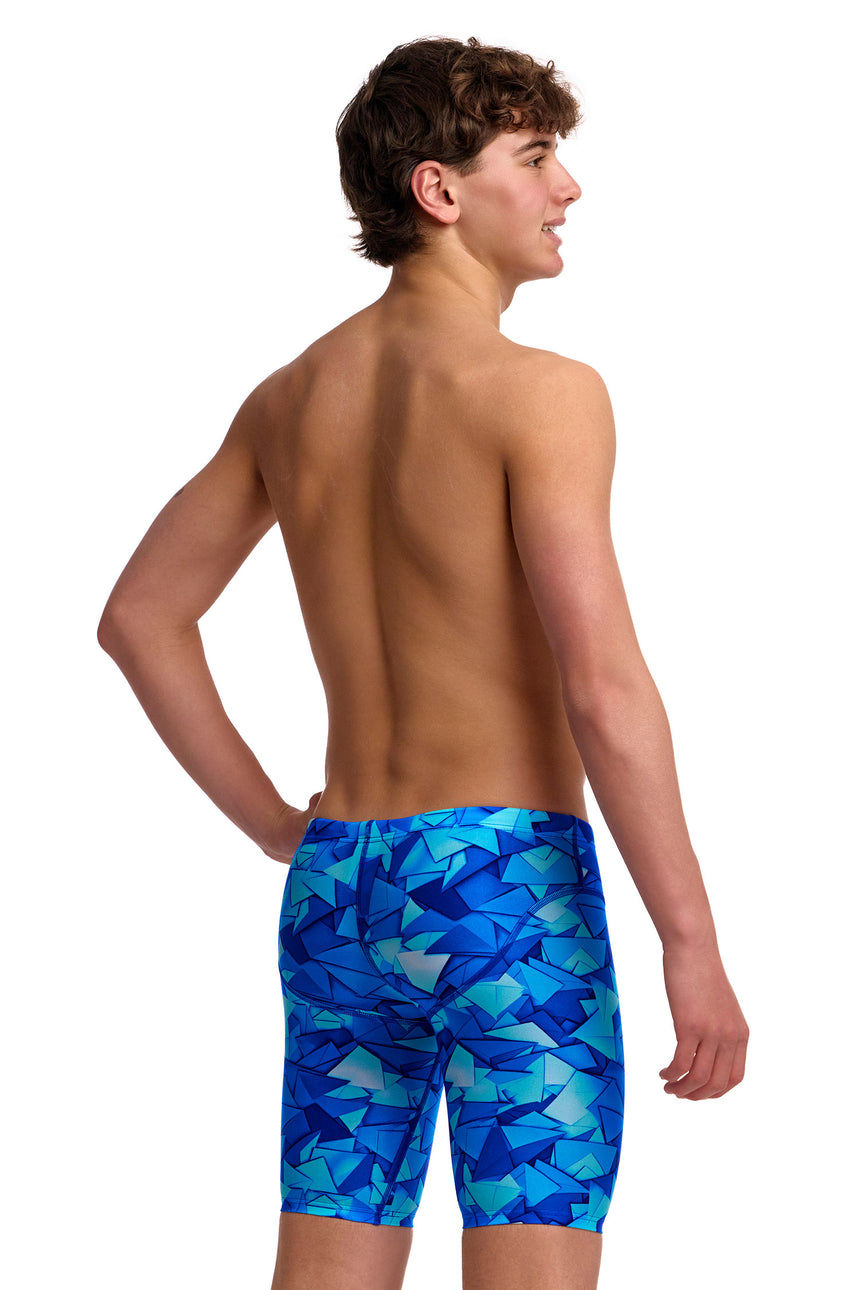 Funky Trunks Boys' Fast Training Swim Jammer Try Blue angled view on model