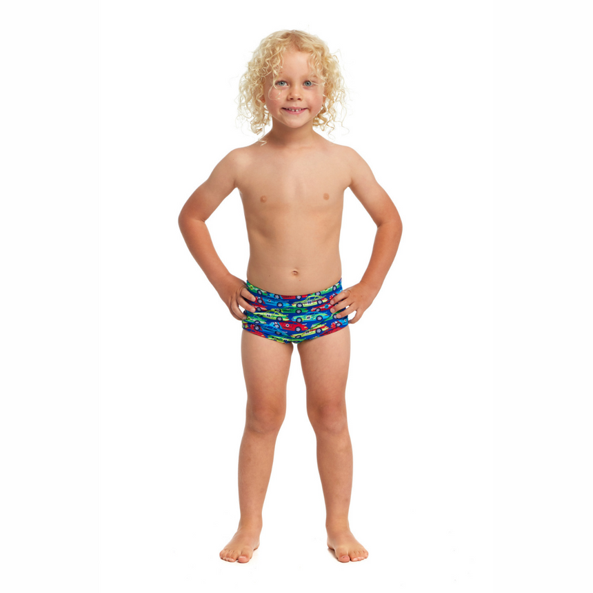 Funky Trunks Toddler Boys Swim Trunks Printed Car Stacker