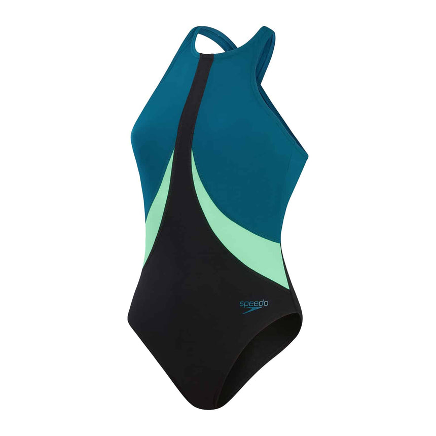 Speedo Womens Colourblock Highneck Crossback Black / Dark Teal / Harlequin Green