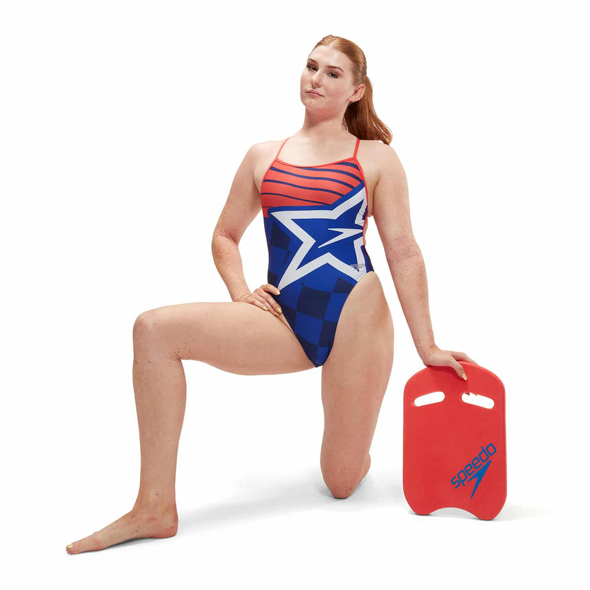 Speedo Womens Placement Digital Vback Cerulean Blue, True Cobalt, Watermelon, White