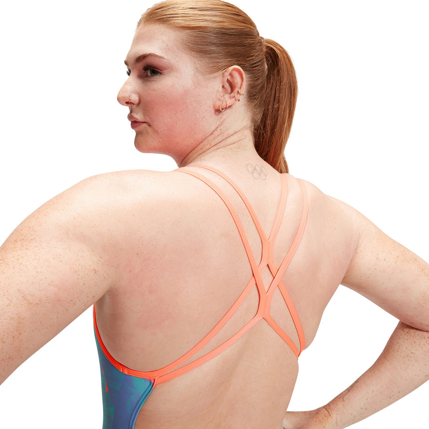 Speedo Womens Allover Digital Starback Arctic Glass, Curious Blue, Disco Peach