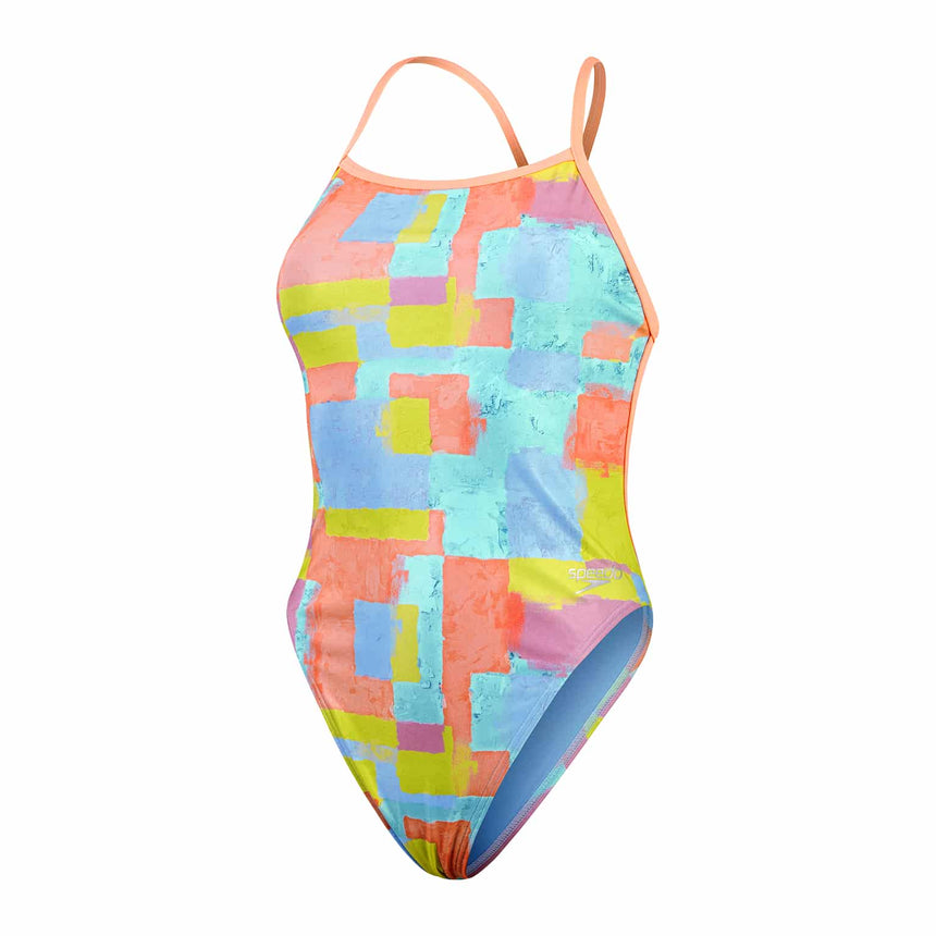 Speedo Womens Allover Digital Vback Disco Peach, Curious Coral, Bitter Lime, Curious Blue, Arctic Glass