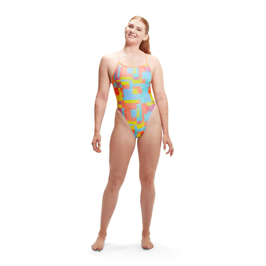 Speedo Womens Allover Digital Vback Disco Peach, Curious Coral, Bitter Lime, Curious Blue, Arctic Glass