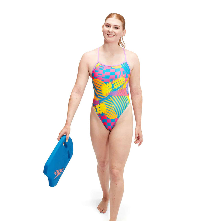 Speedo Womens Allover Digital Vback Flare Pink, Bitter Lime, Sweet Purple, Bolt, mandarin peel