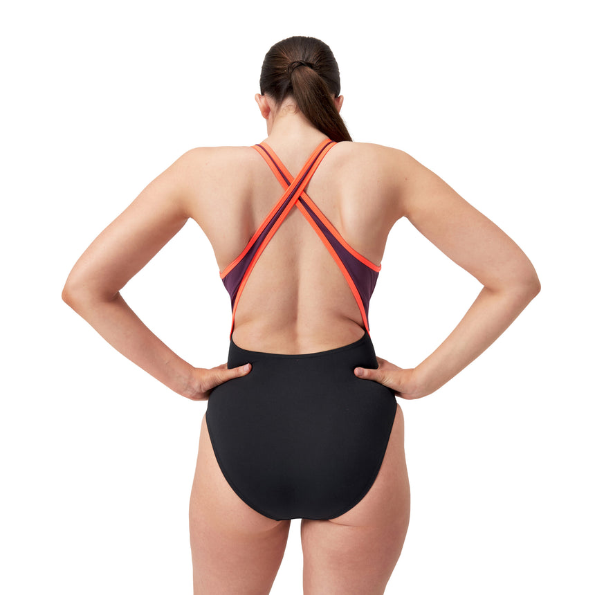 Speedo Badeanzug High Neck Splice Cross Back Schwarz/Rot/Blau