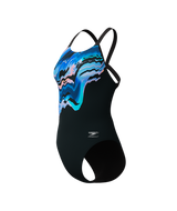Speedo Dames Badpak Placement Printed Leaderback Zwart/Blauw