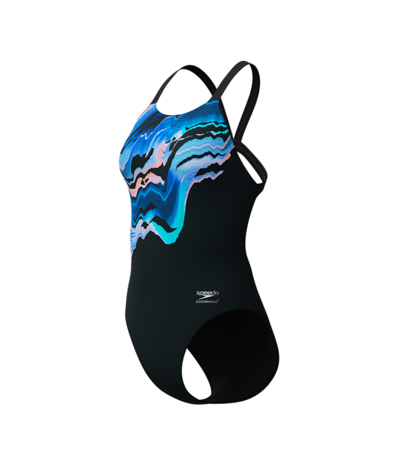 Speedo Dames Badpak Placement Printed Leaderback Zwart/Blauw