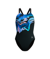 Speedo Dames Badpak Placement Printed Leaderback Zwart/Blauw