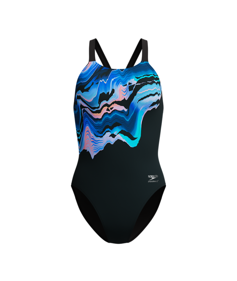 Speedo Dames Badpak Placement Printed Leaderback Zwart/Blauw