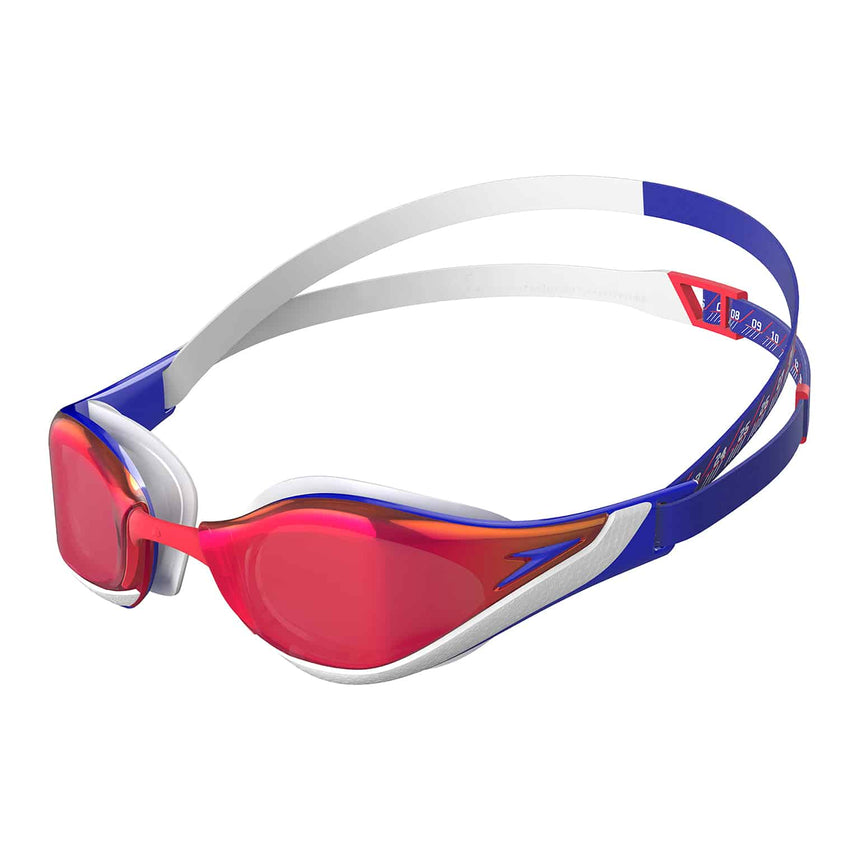 Speedo Wettkampf Schwimmbrille Fastskin Pure Focus Mirror Flame Red/True Cobalt/Weiß/Shadow