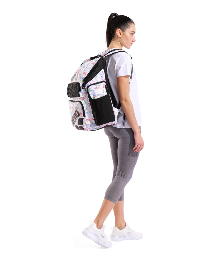 Arena One Go Backpack 45L AO Flamingo worn view
