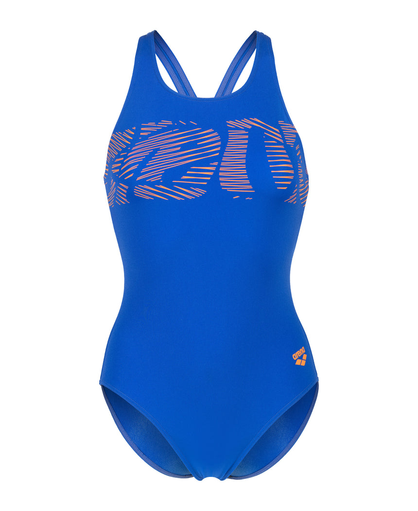 Arena Dames Badpak Graphic V Back Neonblauw Team Oranje