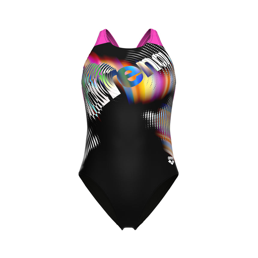Arena Dames Badpak Lit Logo V Back Zwart Shocking Pink
