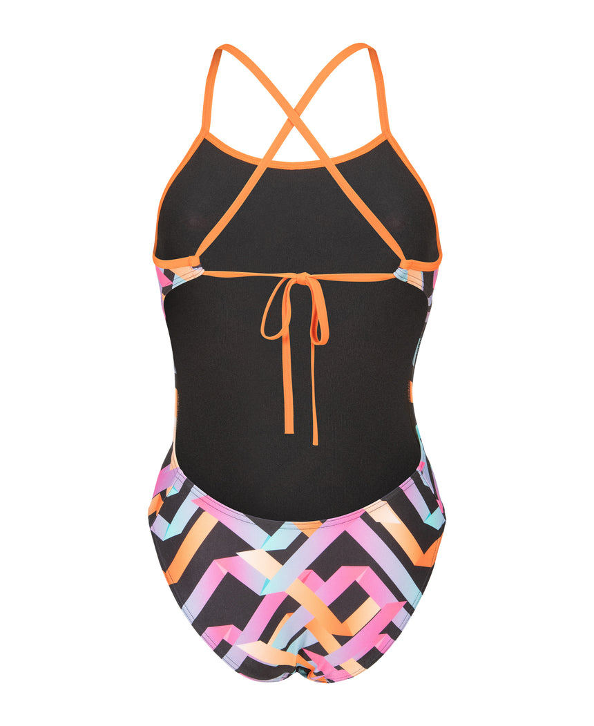 Arena Womens Swimsuit Texture Tie Back Multicolor Black Orange