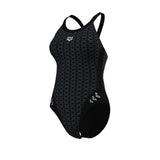 Arena Women's Monoglow Racer Back Swimsuit black grey angled product view