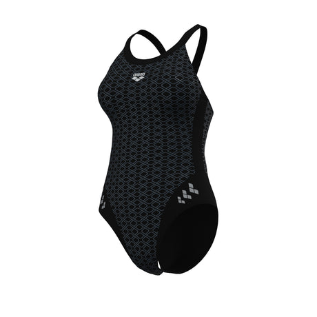 Arena Women's Monoglow Racer Back Swimsuit black grey angled product view