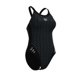 Arena Women's Monoglow Racer Back Swimsuit black grey alternate angled product view