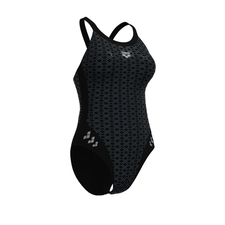 Arena Women's Monoglow Racer Back Swimsuit black grey alternate angled product view