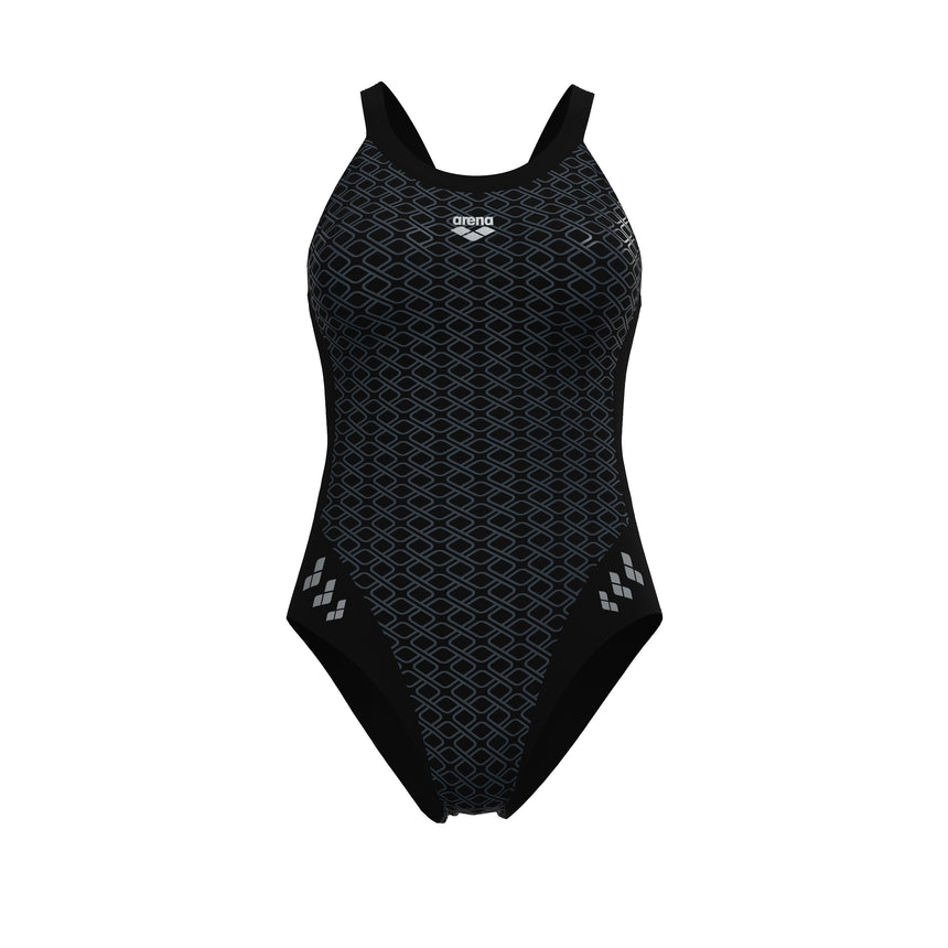 Arena Women's Monoglow Racer Back Swimsuit black grey front product view