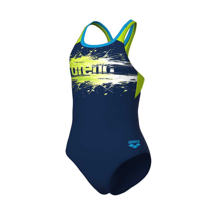 Arena Mädchen Badeanzug Paint Swim Pro Back Marineblau/Arctic-Lime/Türkis