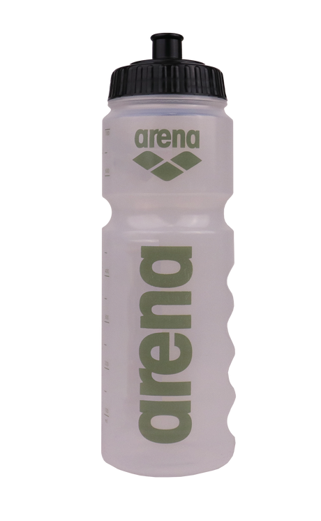 Arena 750 ml water bottle, clear with sage logo and black cap, front view