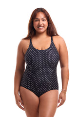 Funkita Form Women's Brace Me Back Swimsuit Be Positive front view on model