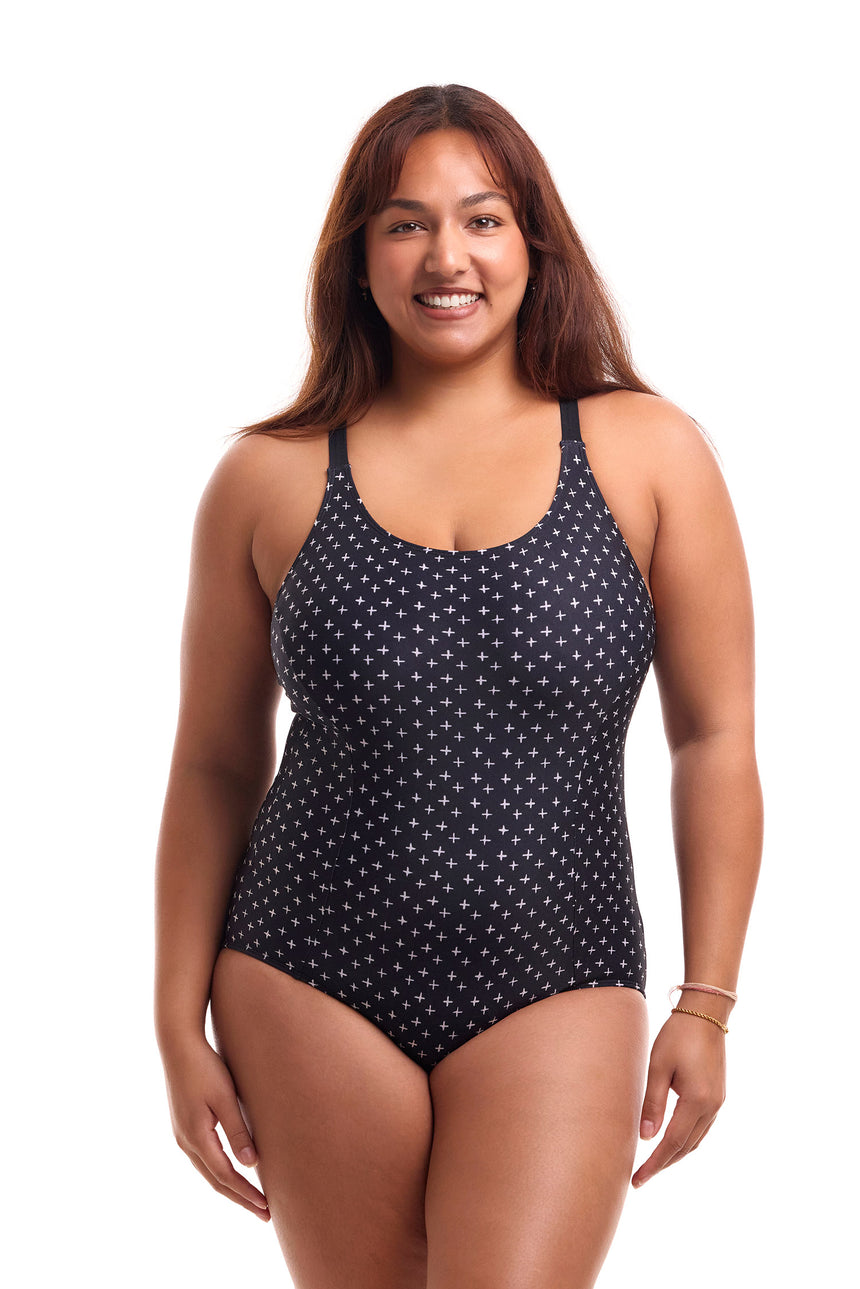 Funkita Form Women's Brace Me Back Swimsuit Be Positive front view on model