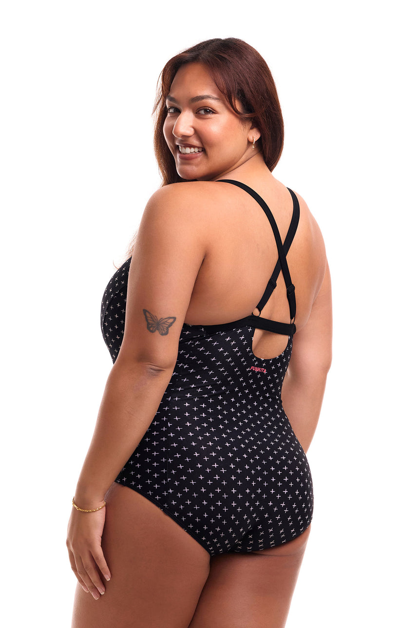 Funkita Form Women's Brace Me Back Swimsuit Be Positive back view on model