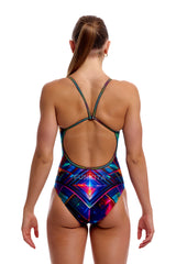 Funkita Women's Single Strap Swimsuit Firefly Sparkle back view on model