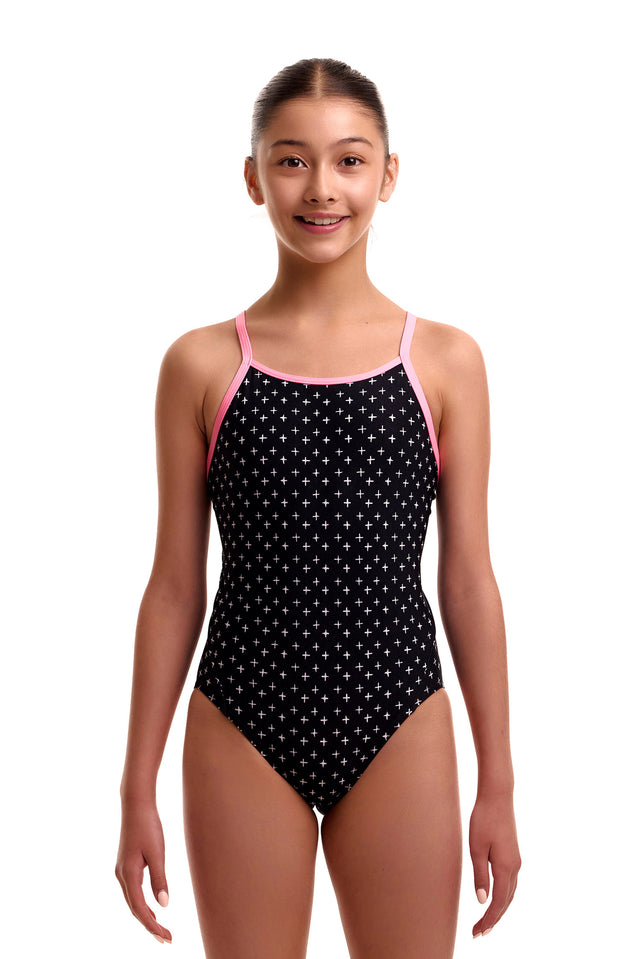 Funkita Girls' Diamond Back Swimsuit Be Positive front view on model