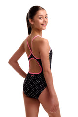 Funkita Girls' Diamond Back Swimsuit Be Positive angled view on model