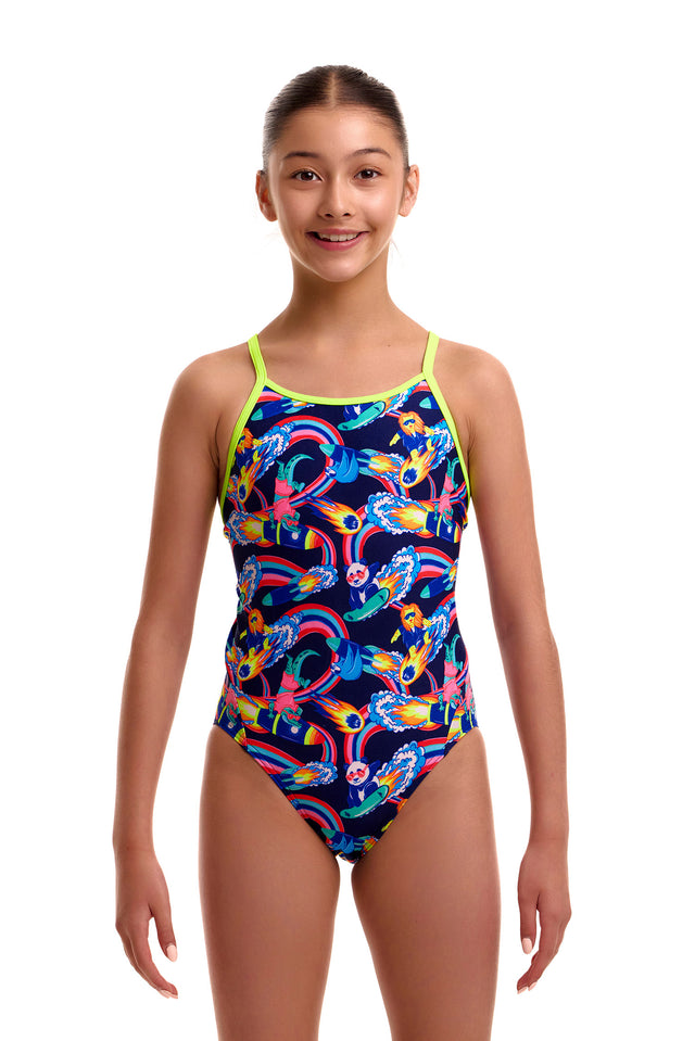 Funkita Girls' Diamond Back Swimsuit Blast Buddies front view on model