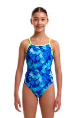 Funkita Girls' Diamond Back Swimsuit Try Blue front view on model
